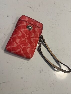 Coach Coral Signature Small Wristlet Phone Case with Strap